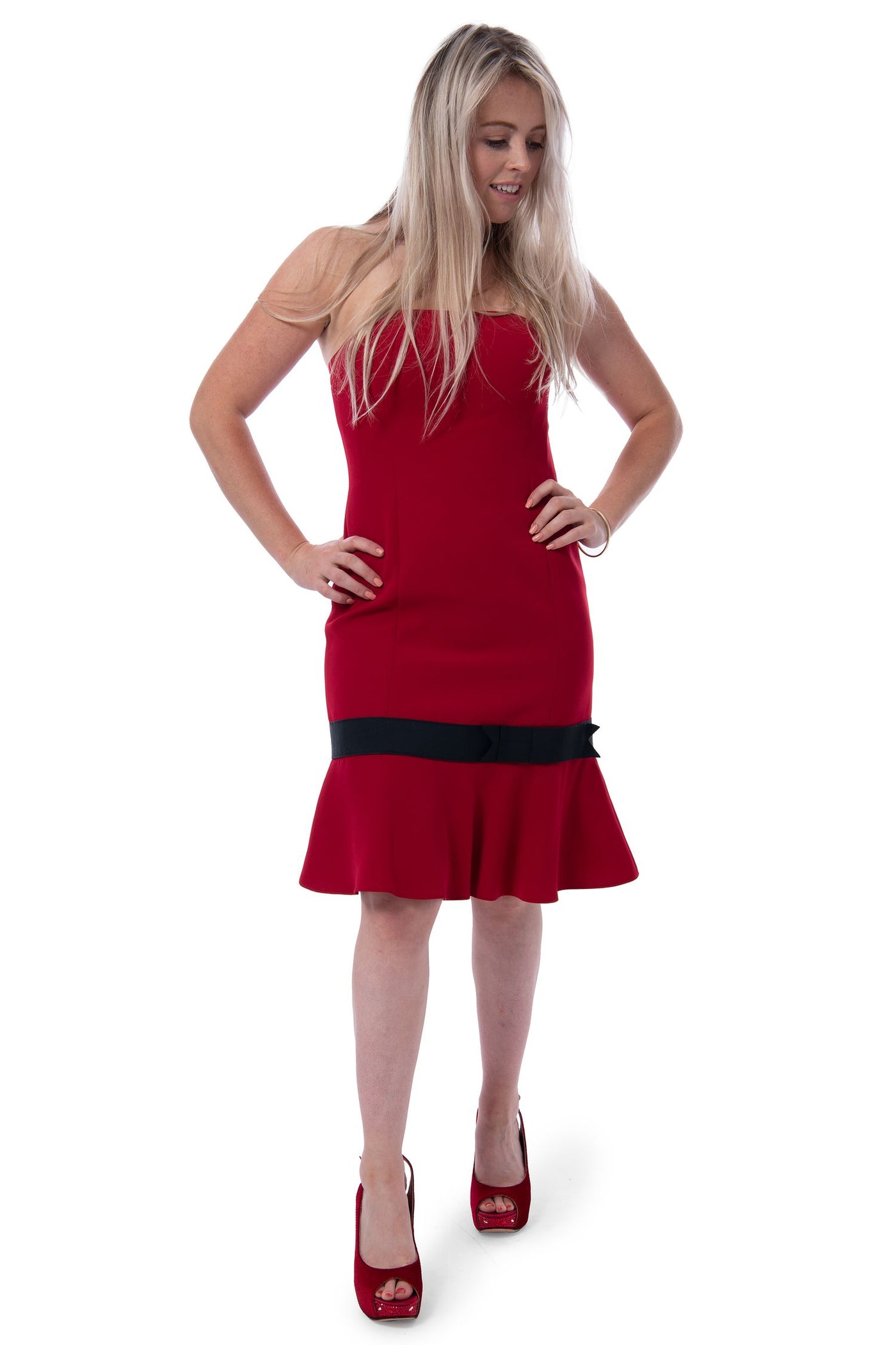 Liz Claiborne Red Strappless Dress With Navy Bow
