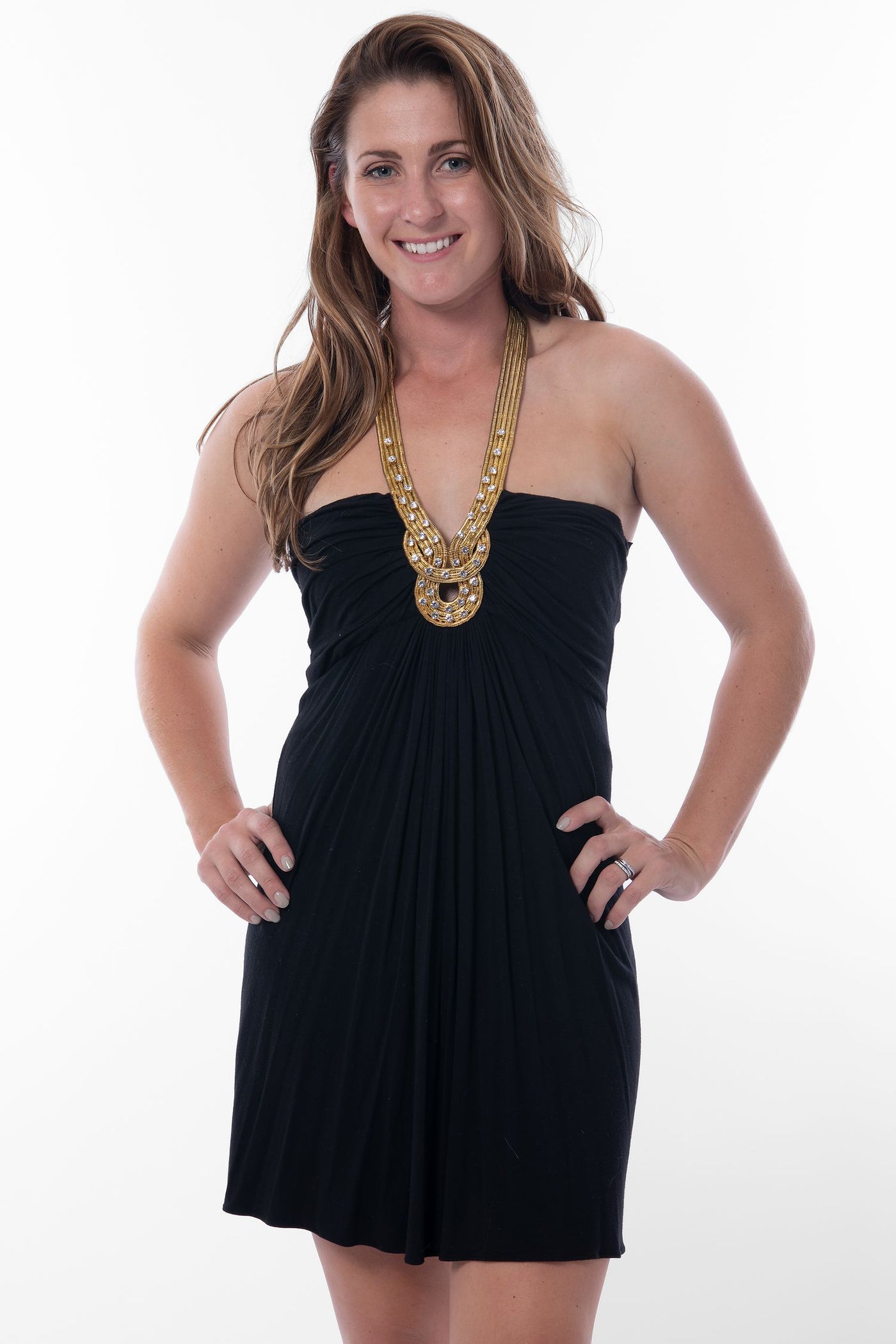 Sky Black Mini Dress With Gold Chain With Dimantes Halter Neck