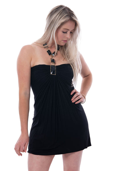 Sky black halter neck mini dress with large black stones surround by gold