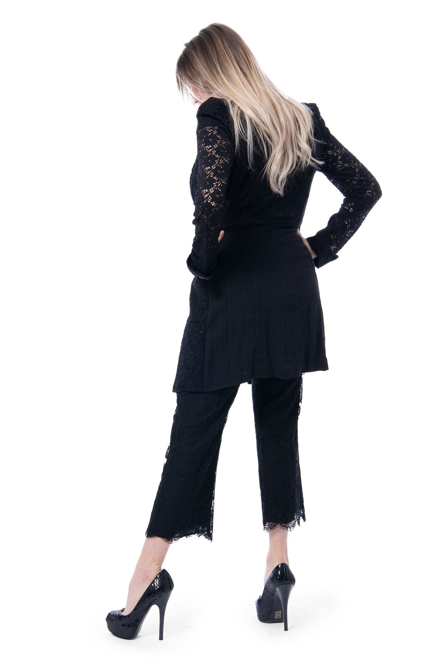 Extension black lace midi jacket with rose buttons