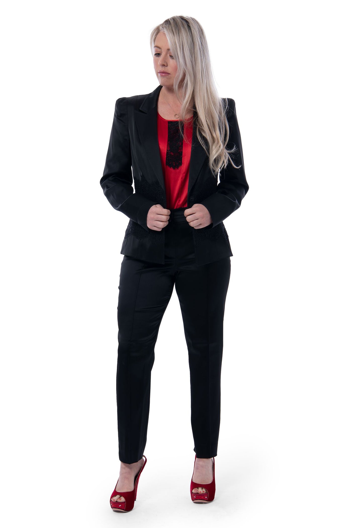 Basler black and red tailored satin suite