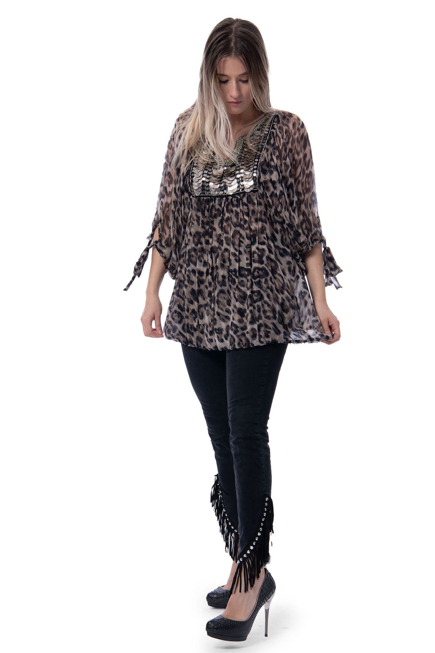 Jeff Gallano leopard print caftan / top with coin details