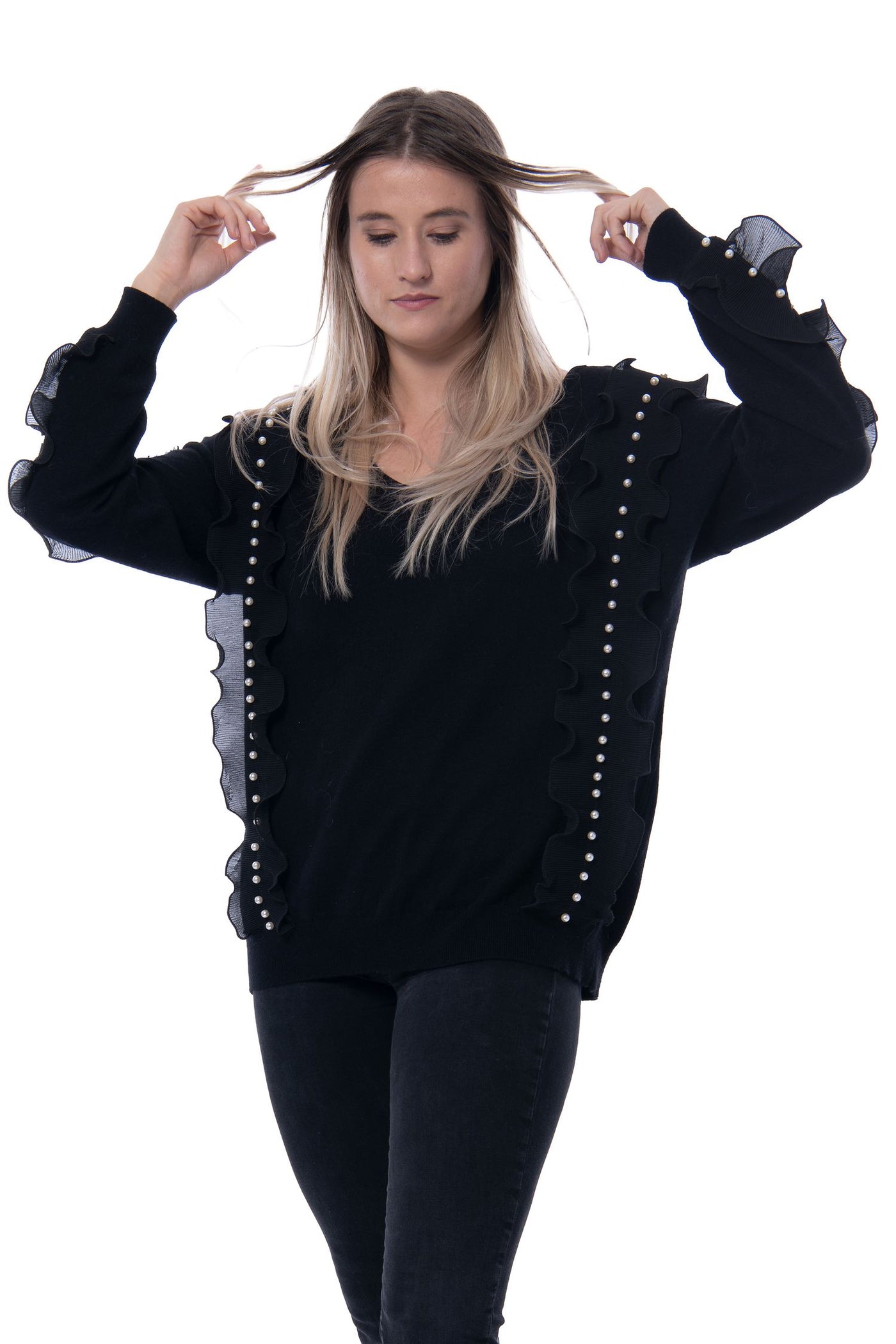Black jumper with frill trim and pearl