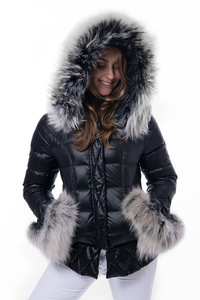 Black puffa jacket with fur sleeves and collar
