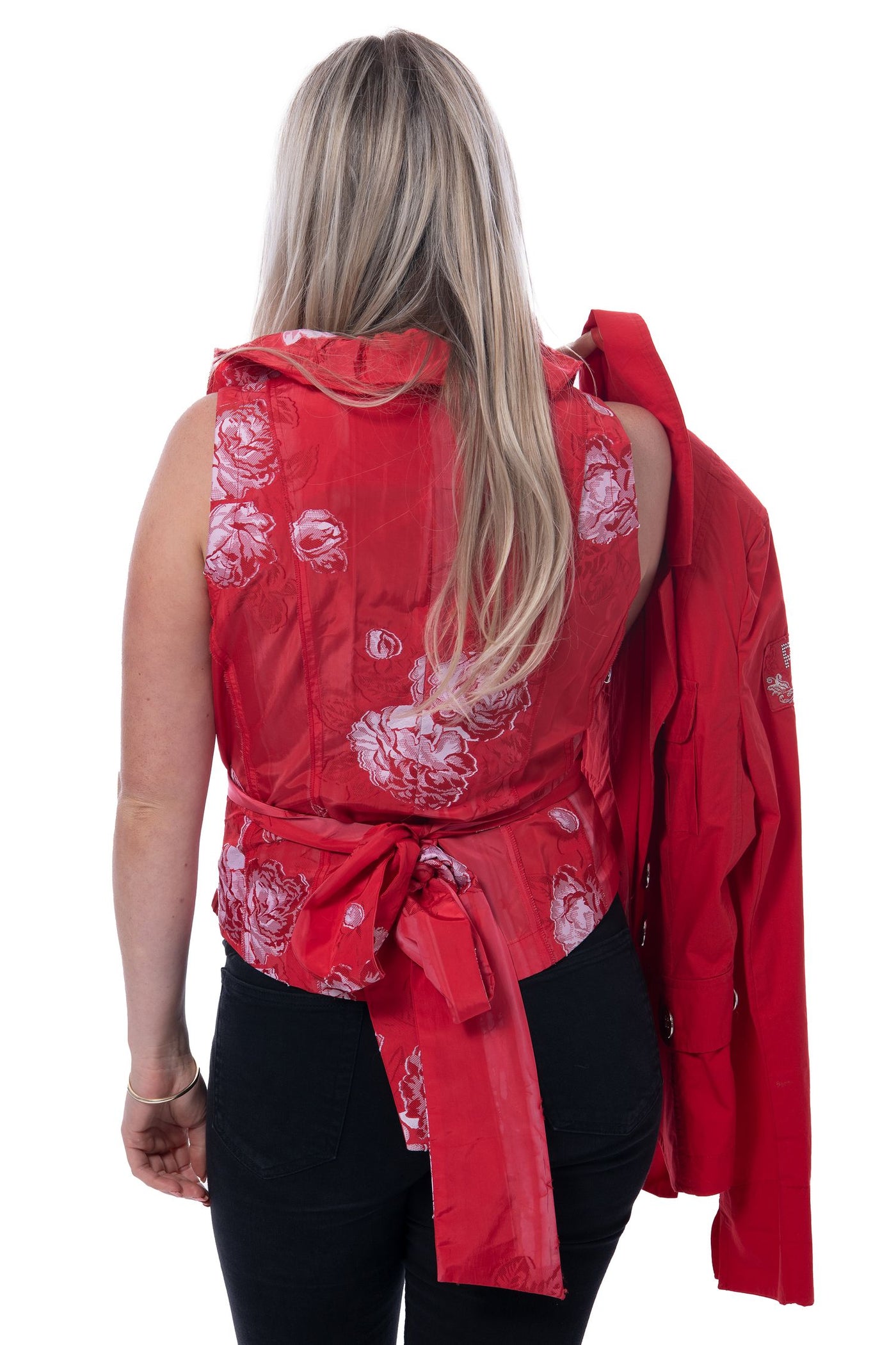 Airfield sleeveless red with white flower blouse with tie around waist