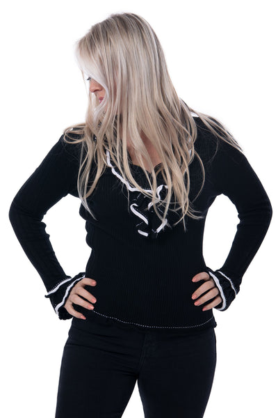 Anne Fontaine tight knit black jumper with frill and white trim