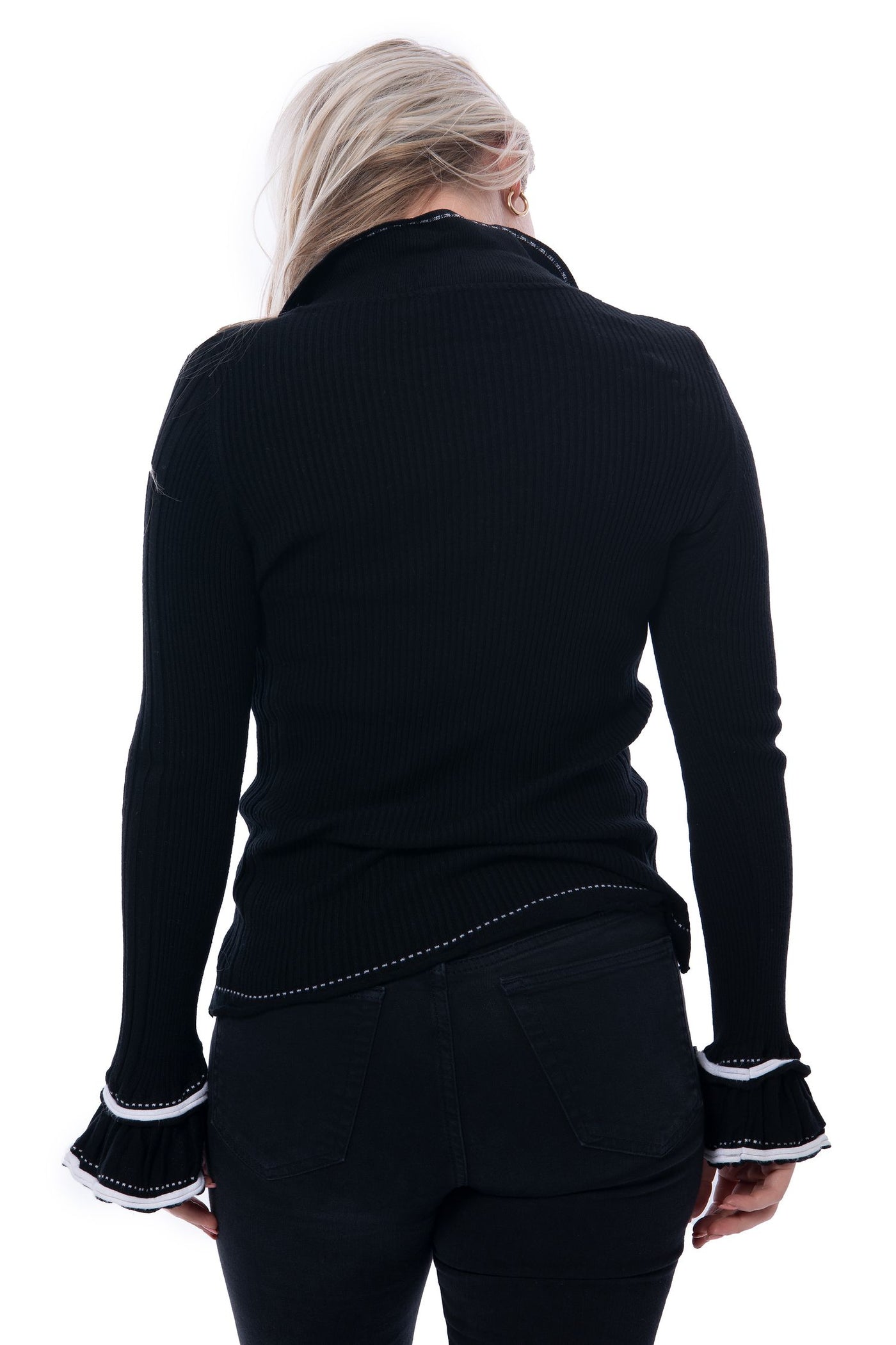 Anne Fontaine tight knit black jumper with frill and white trim