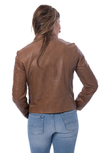 Massimo Dutti cutting two tone brown leather biker jacket