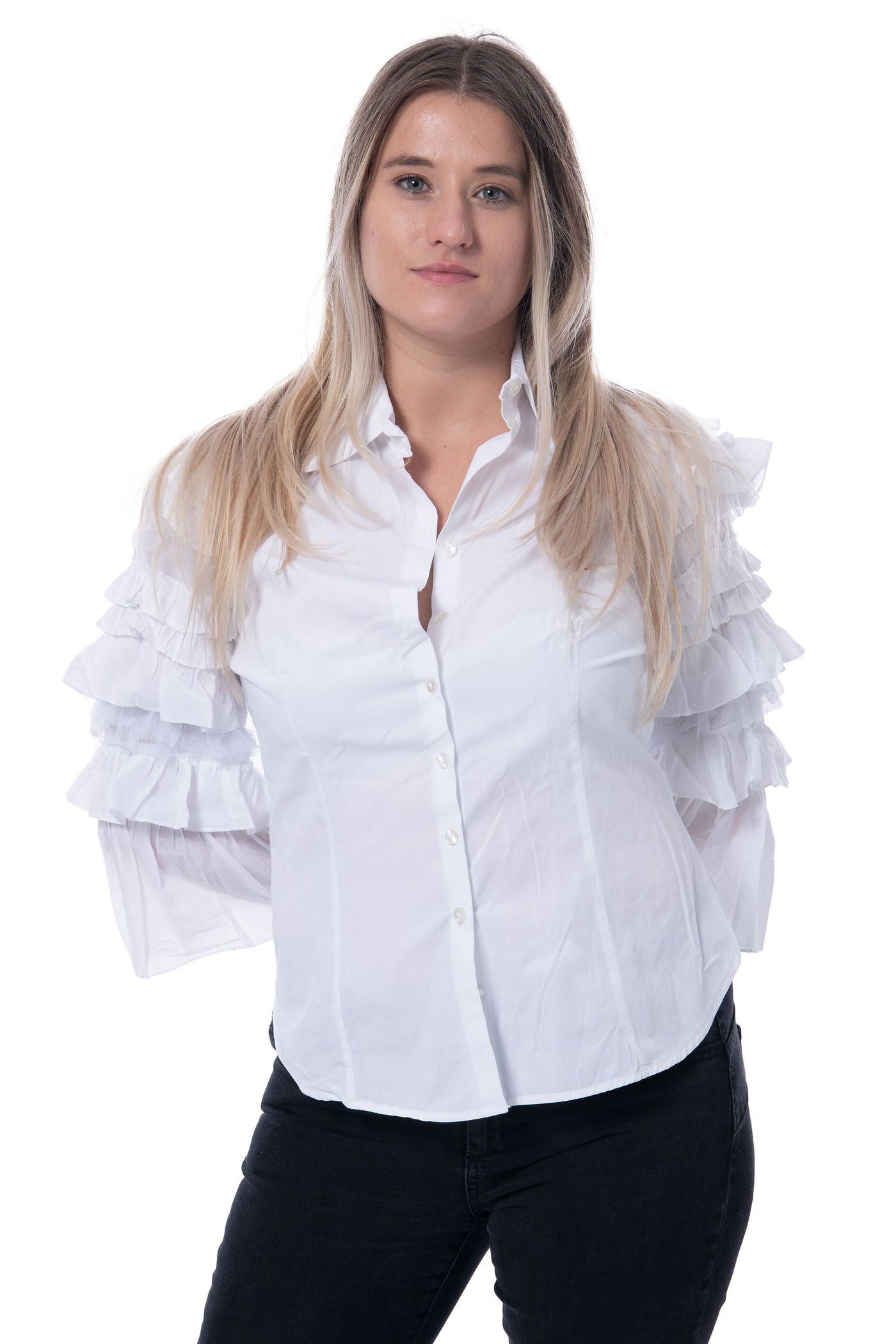 Anne Fontaine white shirt with large bell ruffle frill sleeves