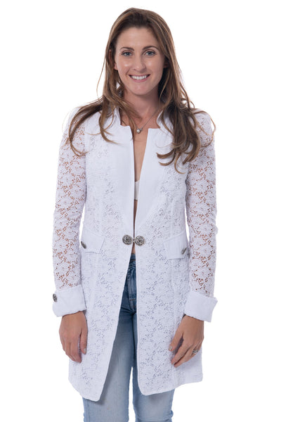 Extenzo white lace midi jacket with rose button